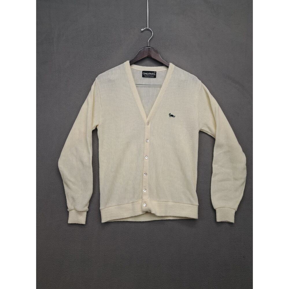 Vintage 70s Challenger Cardigan Sweater Ivory Turtle Logo Acrylic Grandpa M